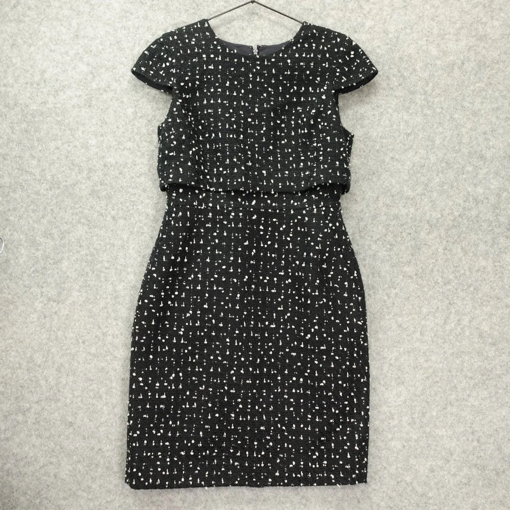 J Crew Black Boucle Tweed Dress S White Fleck Cap Sleeve Old Money Office Siren